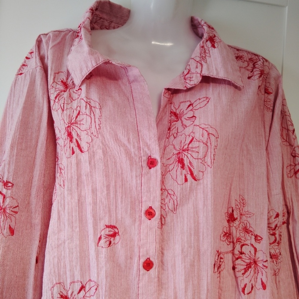 Floral Embroidered 3/4 Sleeve Button Down Shirt by LemonGrass